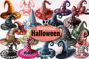 Gingham Witch Hat Clipart Halloween, an Illustration by SVGArt