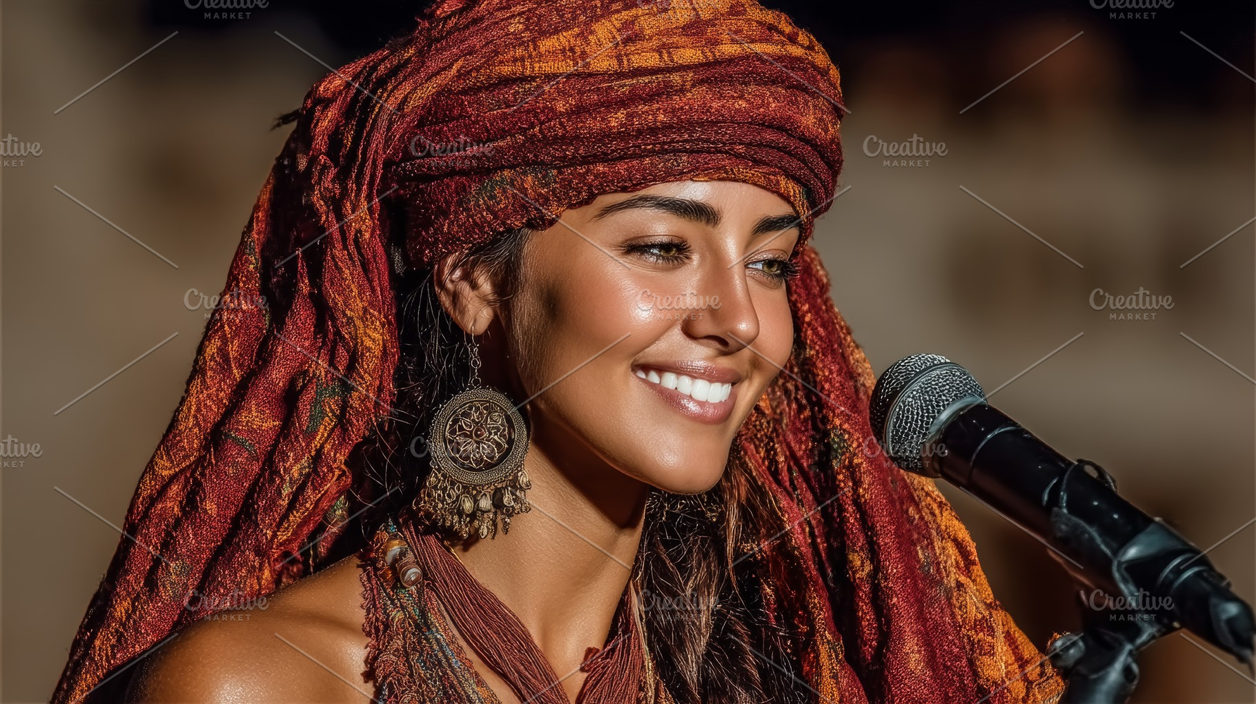 Smiling Arab Woman in Colorful Headscarf Singing into a Microphone, a Photo by AS photostudio