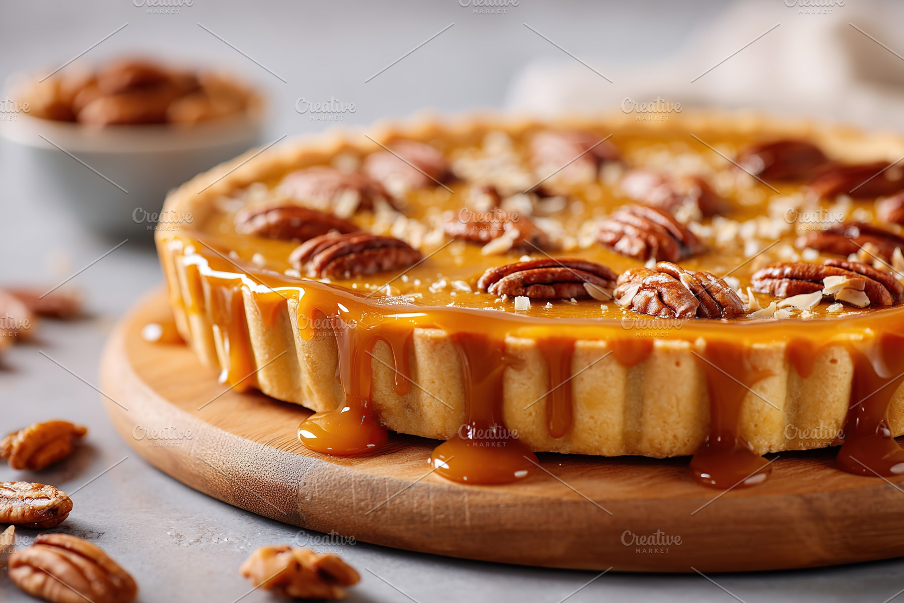 Delicious pecan pie with caramel drizzle on wooden surface at a cozy kitchen, a Photo by AlyaAnd