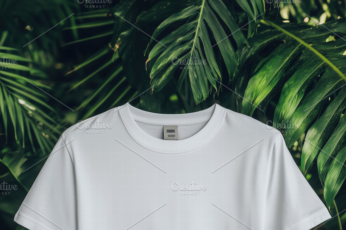 A plain white t-shirt mockup against a lush green tropical