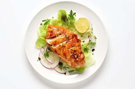 Baked chicken fillet with vegetables on white background. Generative AI, a Food & Drink Photo by AlyaAnd