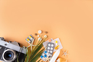 Summer holiday travel background including medications and vacat, a Health & Medical Photo by Rimma