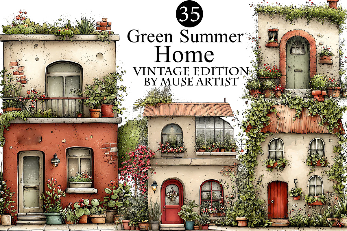 Green Summer Home Watercolor Clipart, an Illustration by DreamArtGraphic (Photo 1 of 8)