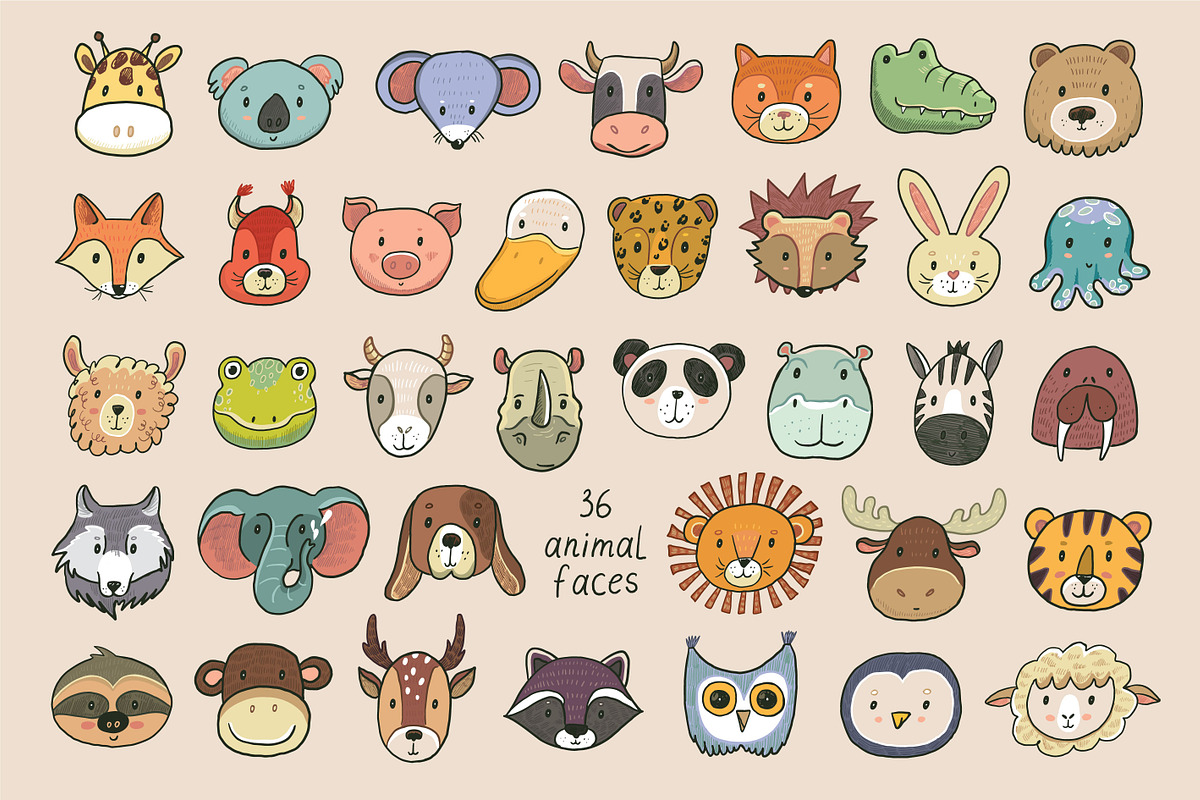 Funny Animal faces illustrations set, an Animal Illustration by GooseFrol (Photo 1 of 9)