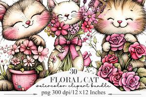 Floral Cat Clipart, an Illustration by Designking