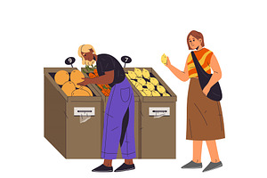 Women buy fruit at grocery store, a Food Illustration by Elegant Solution