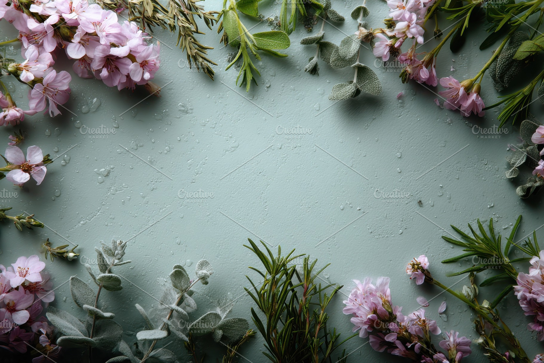 Pink flowers herbs green background, a Photo by Pixeness Studio