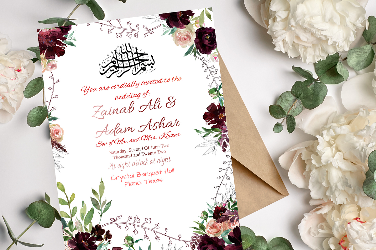 Burgundy Muslim Wedding Invitation, an Invitation Template by NailaDesignsStudio (Photo 4 of 4)
