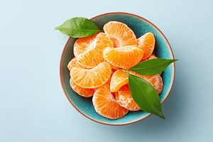 Freshly peeled tangerines arranged in a light blue bowl with green leaves, a Food & Drink Photo by AlyaAnd