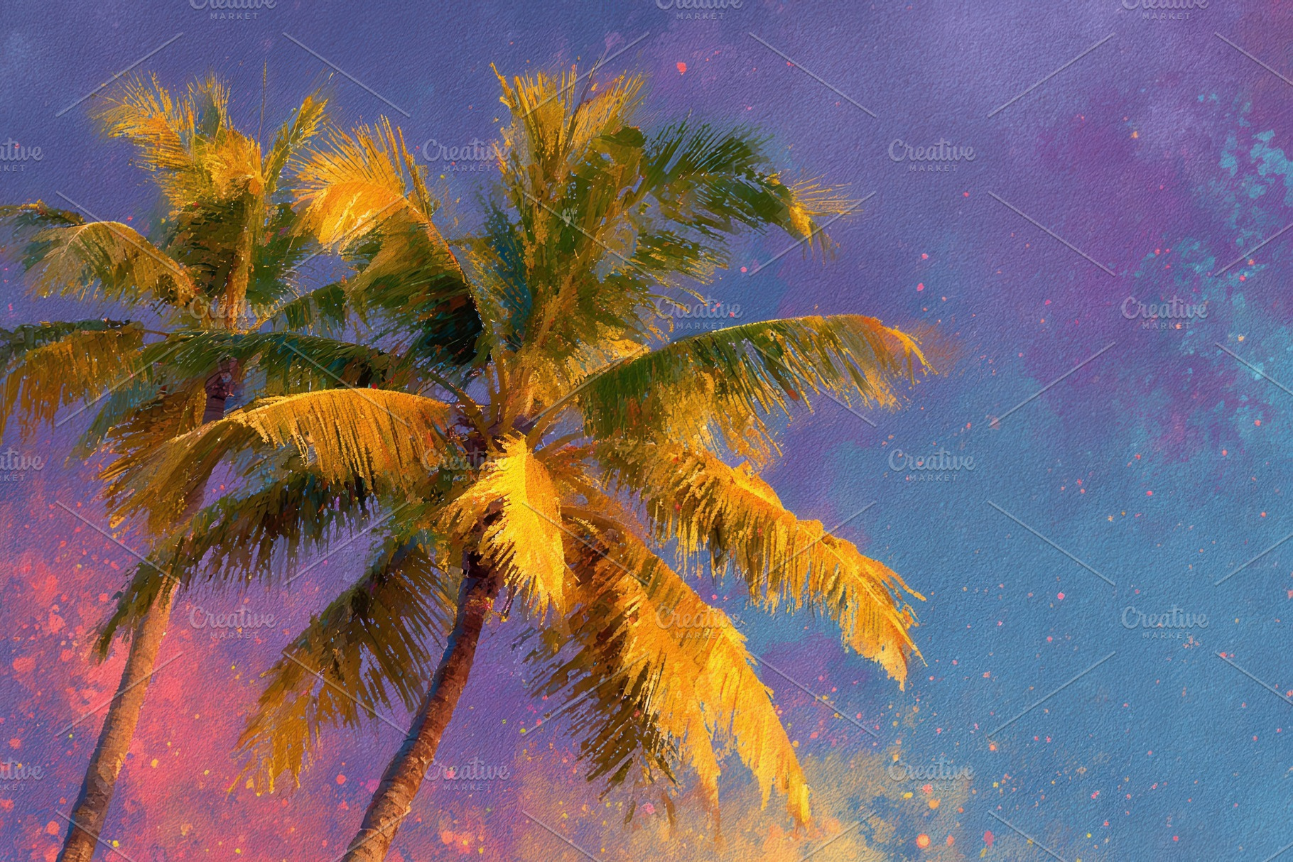 Golden Palm Trees Tropical Sunset Sk, a Photo by Pixeness Studio