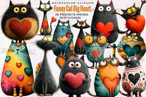 Funny Cat Big Heart Clipart Bundle., an Illustration by SVGArt