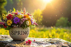 Spring Wildflower Bouquet in Rustic Pot, a Nature Photo by Davizro's Market