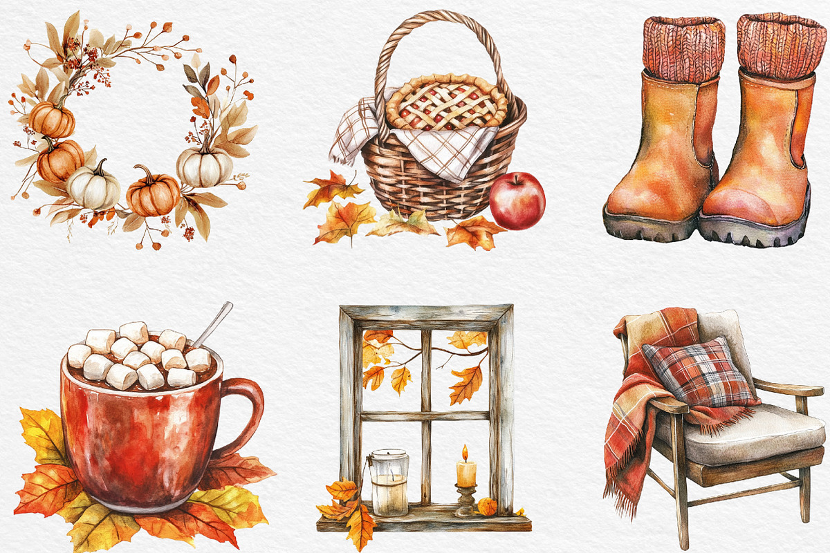 Watercolor Cozy Autumn Clipart, an Illustration by Black Bird Studio (Photo 4 of 6)