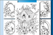 Birds and Flowers Coloring Pages, an Education Illustration by Printable Design Store (Thumbnail 6 of 7)