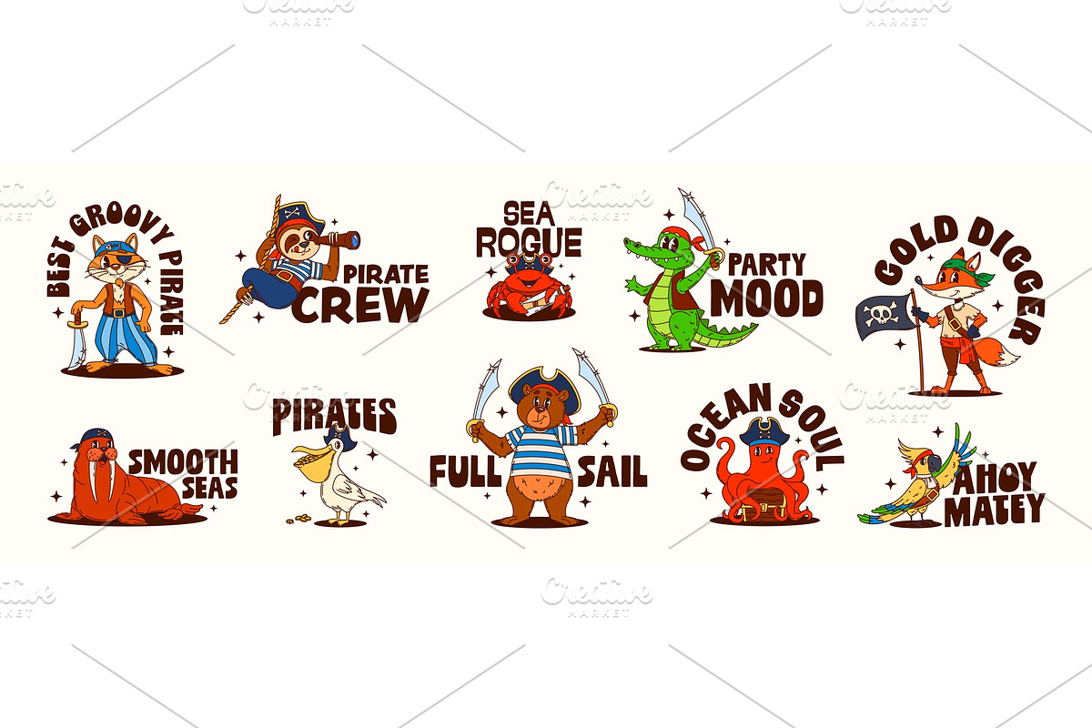 Cartoon Y2K groovy animal pirates, an Animal Illustration by Buch&Bee (Photo 1 of 3)