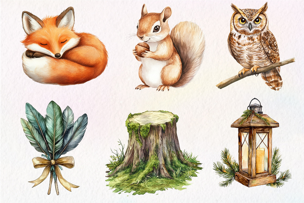 Vintage Woodland Watercolor Clipart, an Illustration by Dream Creation (Photo 2 of 7)
