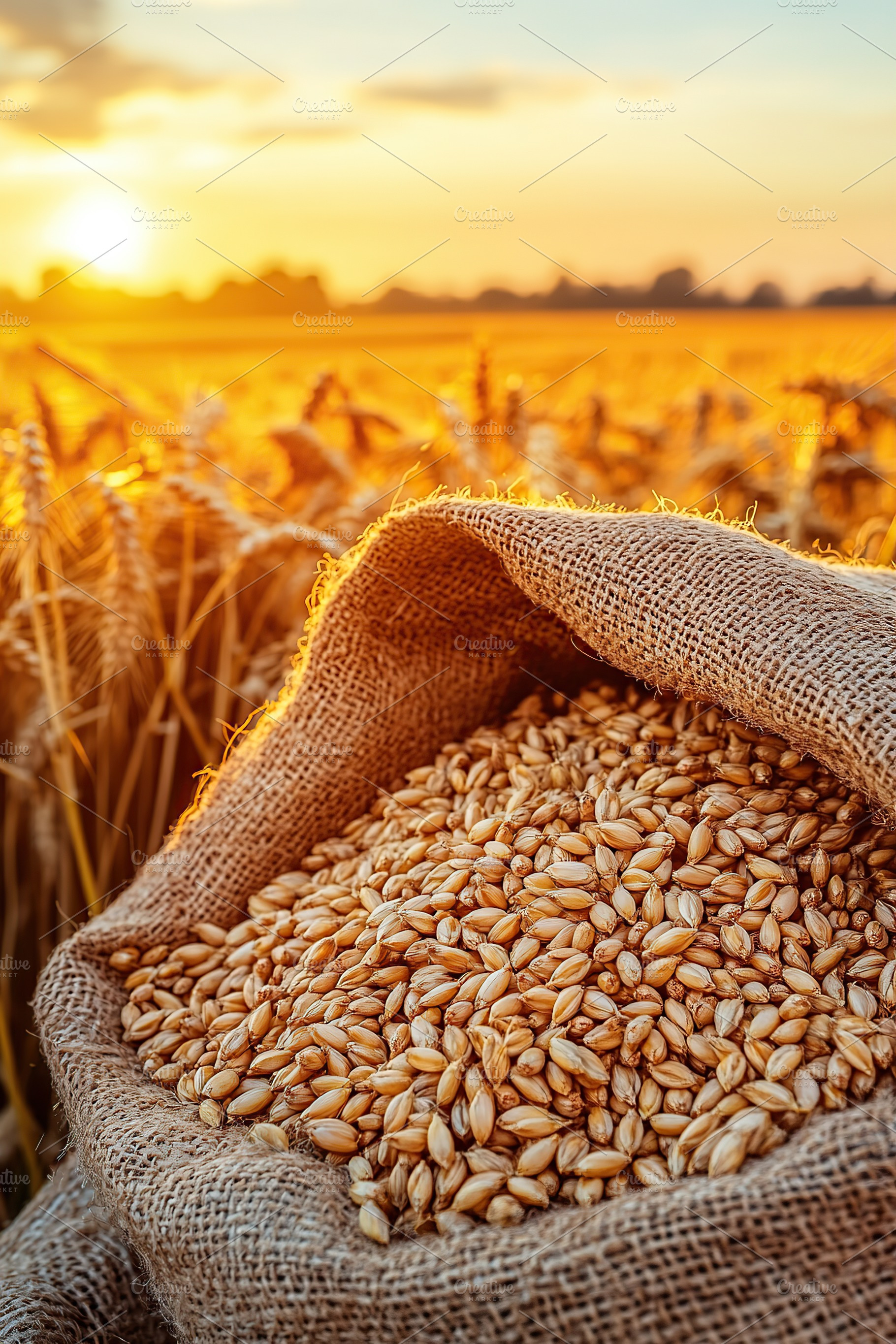 Wheat grains fill burlap sack against vibrant sunset over golden crop field, a Food & Drink Photo by AlyaAnd