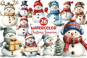 Watercolor Christmas Snowman Clipart, an Illustration by Dream Creation