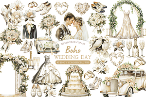 Watercolor Boho Wedding Clipart, an Illustration by MockupWizard