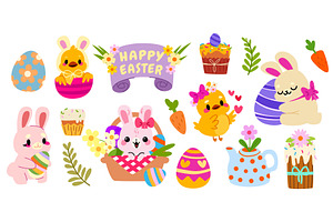 Easter bunny, chick and colored eggs, an Illustration by art PVP - market