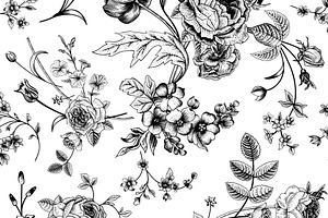 Set Of Vintage Floral Pattern B & W