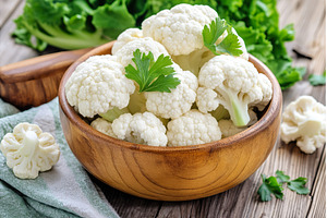 Fresh cauliflower in wooden bowl, a Food & Drink Photo by Lermont51