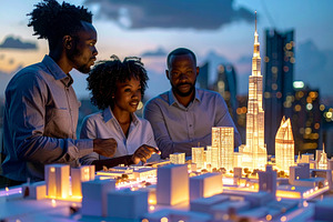 Architects observing futuristic city model on rooftop, a Business Photo by DanFLCreativo