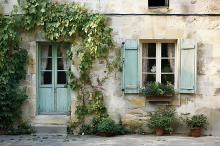 A charming Country French house style stone wall with two windows and a door, a, an Architecture Photo by Textures & Backgrounds