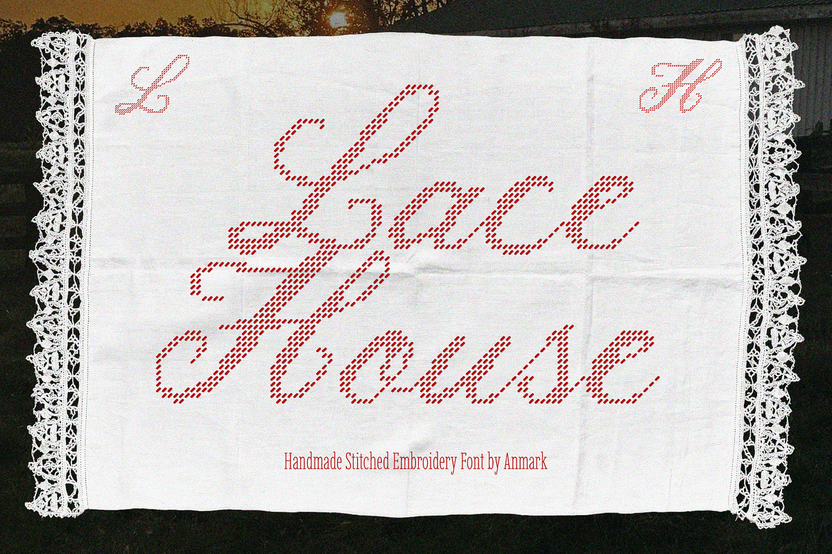 Lace House Stitched Embroidery Font, a Script Font by AnMark (Photo 1 of 11)