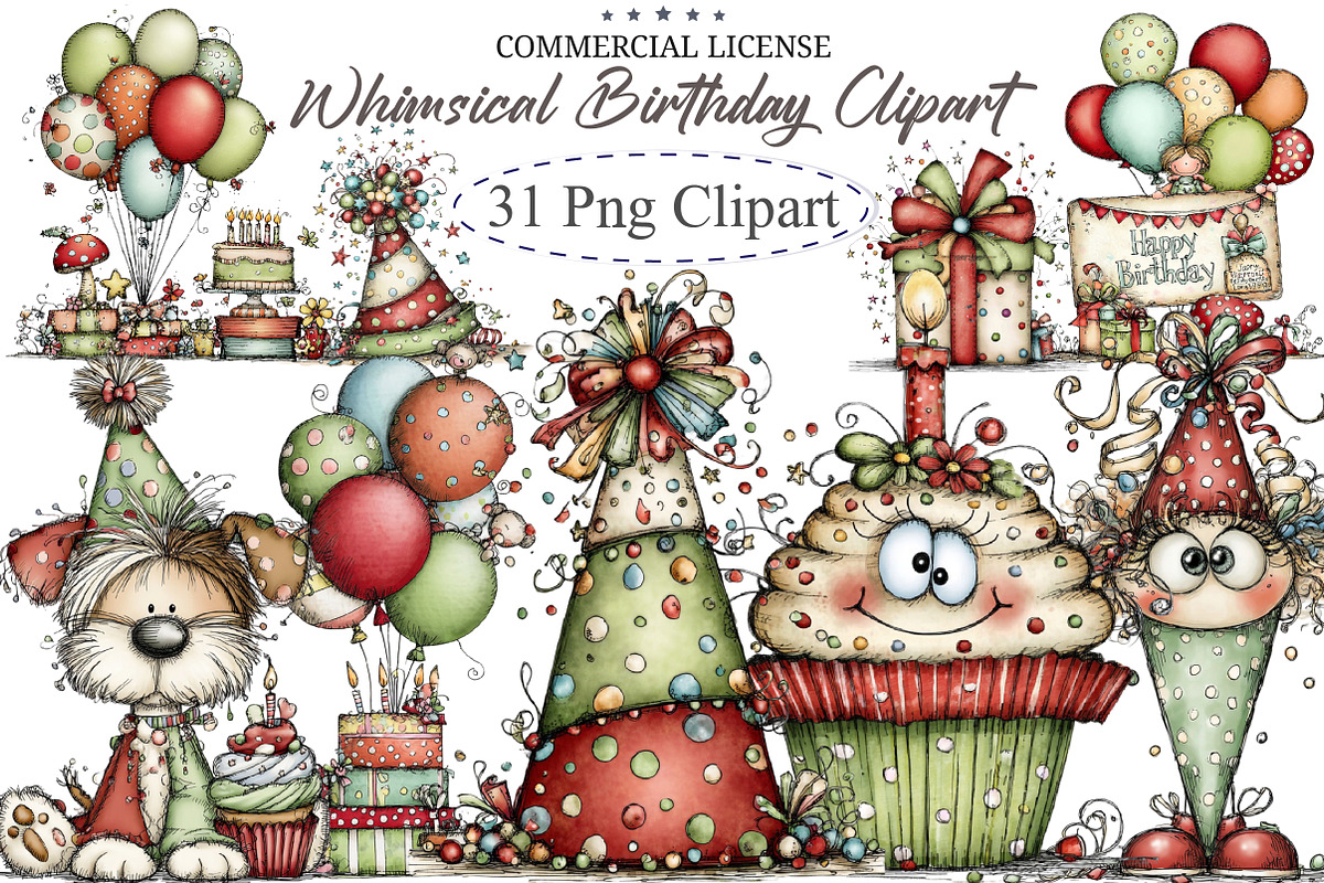 Whimsical Birthday Clipart Birthday, an Illustration by designcity5 (Photo 1 of 5)
