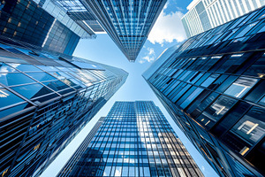 Tall skyscrapers tower overhead, sho, a Photo by Tanuart
