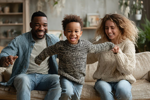 Happy family playing joyfully at hom, a Photo by Pixeness Studio