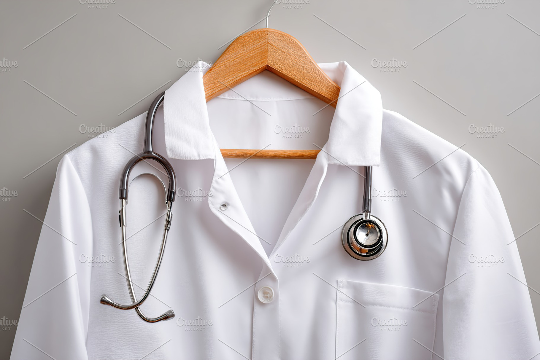 Doctor coat hanging with a stethoscope in a calm medical environment, a Health & Medical Photo by AlyaAnd
