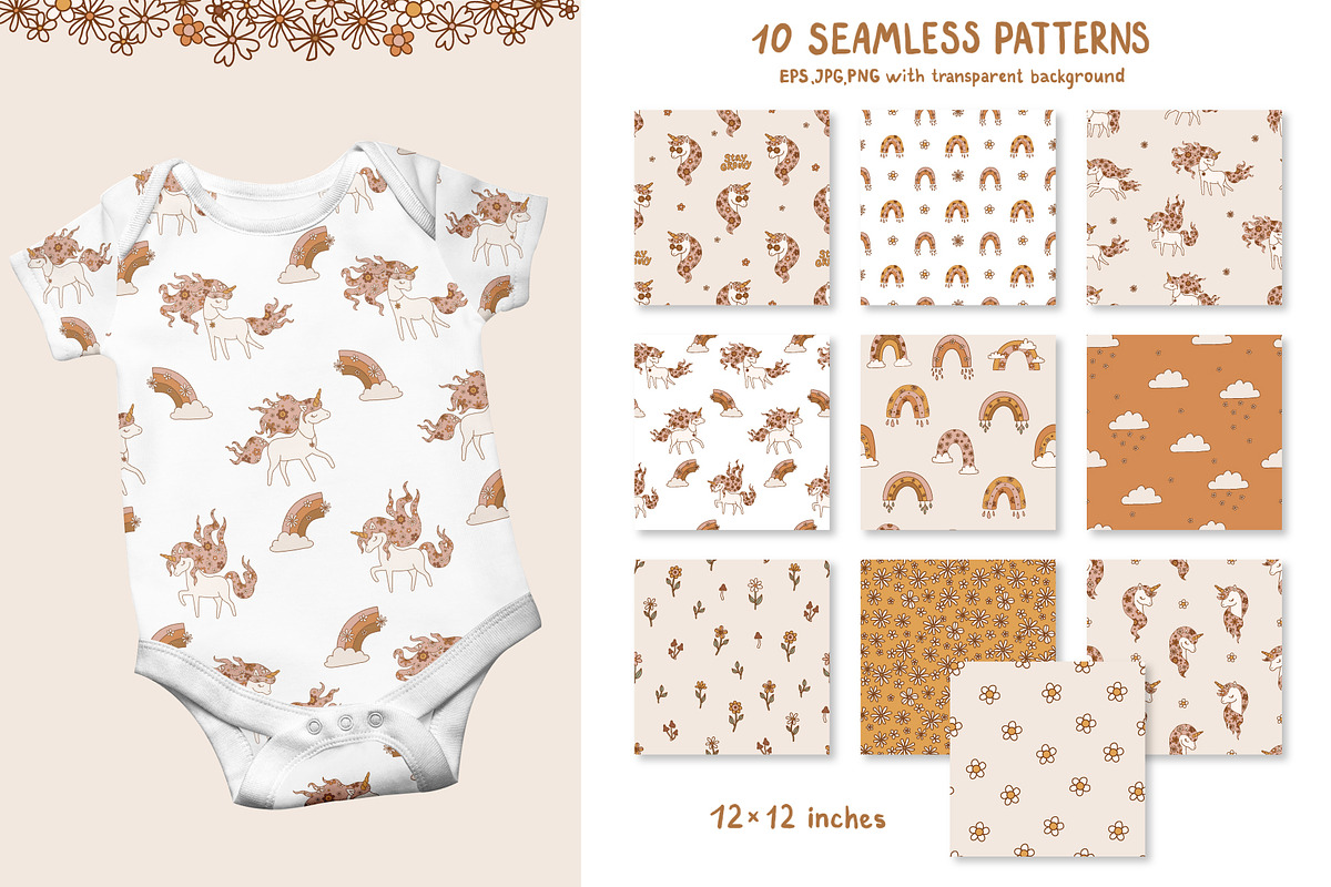 Groovy Unicorn Clipart & Patterns, an Object Illustration by NinaFedorova (Photo 5 of 8)