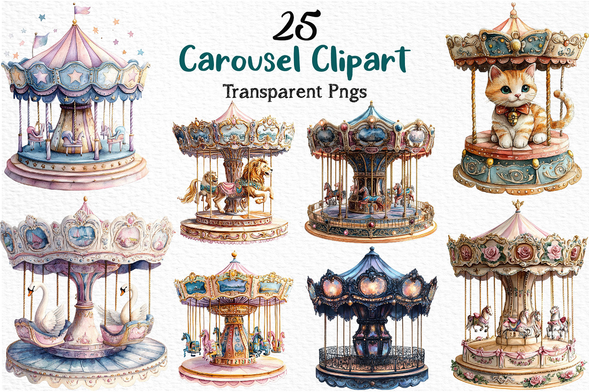 Watercolor Carousel Clipart Bundle, an Illustration by Craft Nest (Photo 1 of 9)