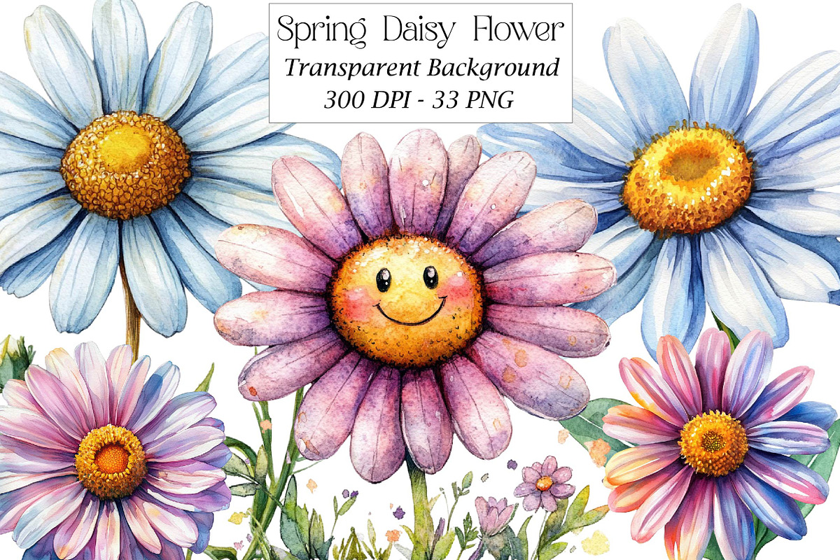 Watercolor Spring Daisy Flower Clipa, an Illustration by DreamPrint404 (Photo 1 of 7)