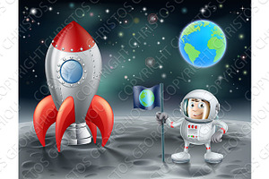 Cartoon Astronaut And Vintage Space Rocket On The Moon