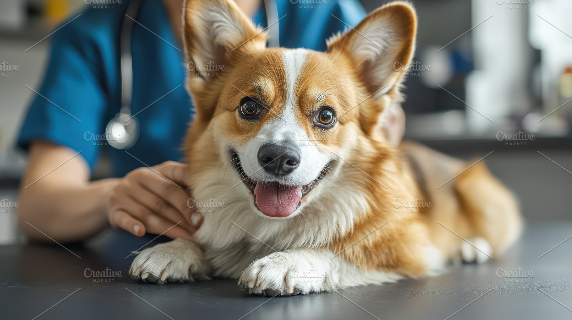 Happy corgi dog lying on the table a, an Animal Photo by Pixeness Studio