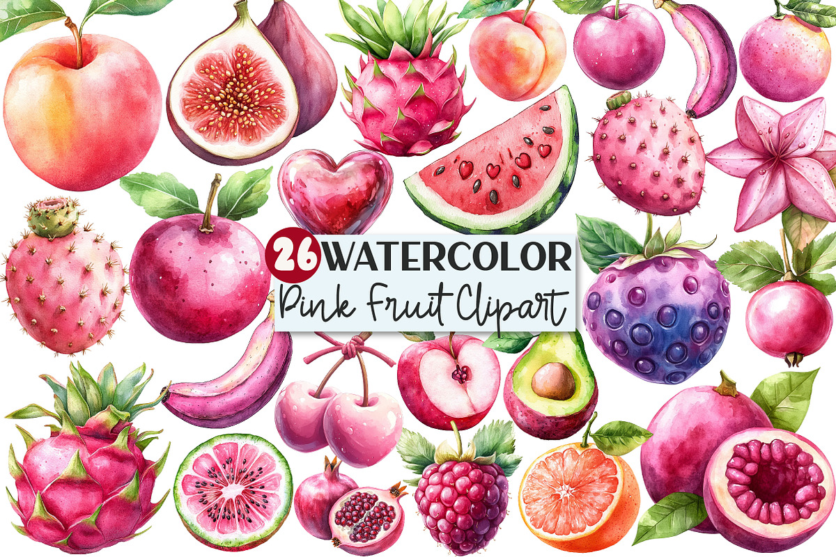 Watercolor Pink Fruit Clipart, an Illustration by Rose Art (Photo 1 of 4)