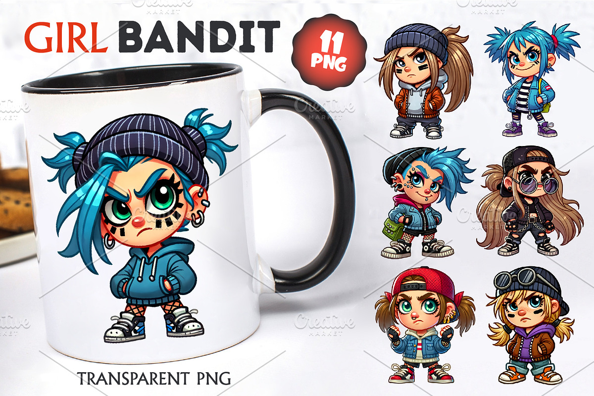 Cartoon girl bandit. Tshirt, PNG., a Person Illustration by KENO Mascots (Photo 4 of 5)
