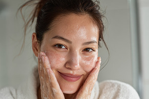 Woman cleansing face with foam smili, a Photo by Pixeness Studio