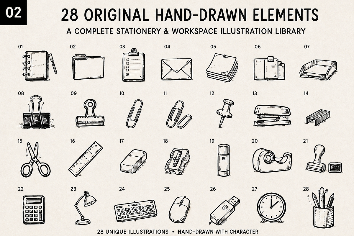 28 Hand-Drawn Stationery Doodles, an Object Illustration by Designs24hr (Photo 2 of 9)