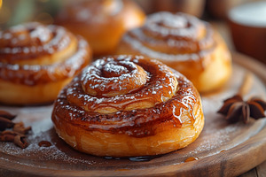Freshly baked cinnamon rolls with a glossy glaze, sprinkled with, a Food & Drink Photo by ImageMir