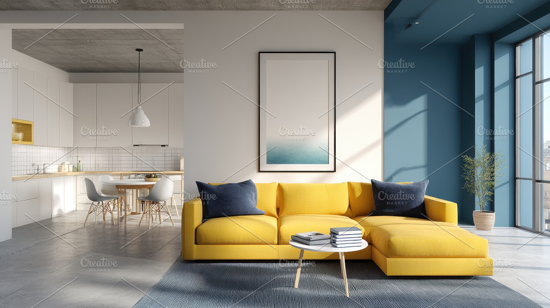 Modern apartment yellow sectional so, a Photo by Pixeness Studio
