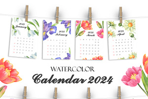 Watercolor Printable Calendar 2024