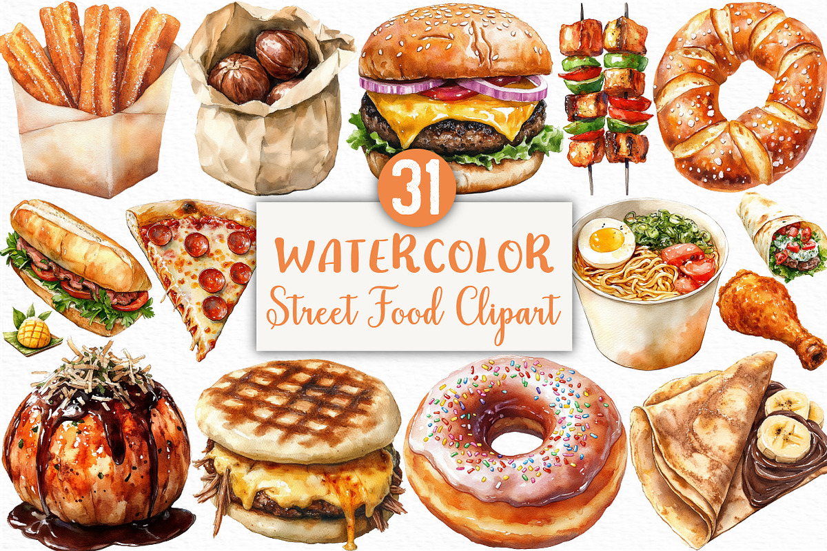 Watercolor Street Food Clipart, an Illustration by Craft Nest (Photo 1 of 6)