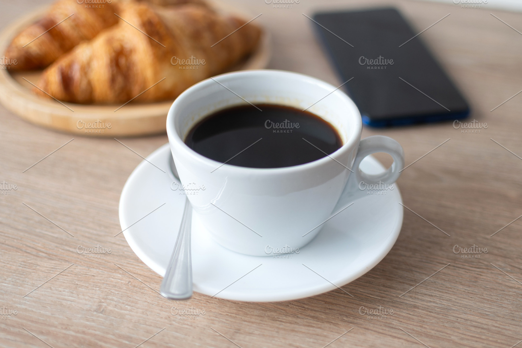Buttered whole wheat toast with black coffee and smartphone, a Food & Drink Photo by etorres69