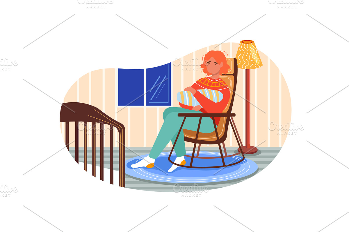 Woman rocking baby on hand vector, an Object Illustration by vectorpointstudio