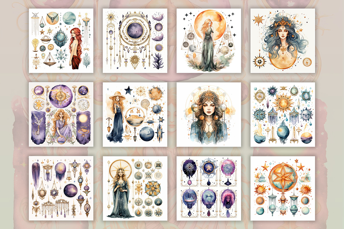 Boho Witchy Watercolor Crystal Tarot, a Decorative Illustration by Fun Digital (Photo 2 of 6)