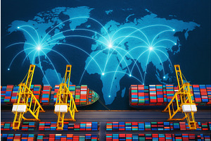 Aerial view of a shipping port with, a Transportation Illustration by Sergey Kotenev